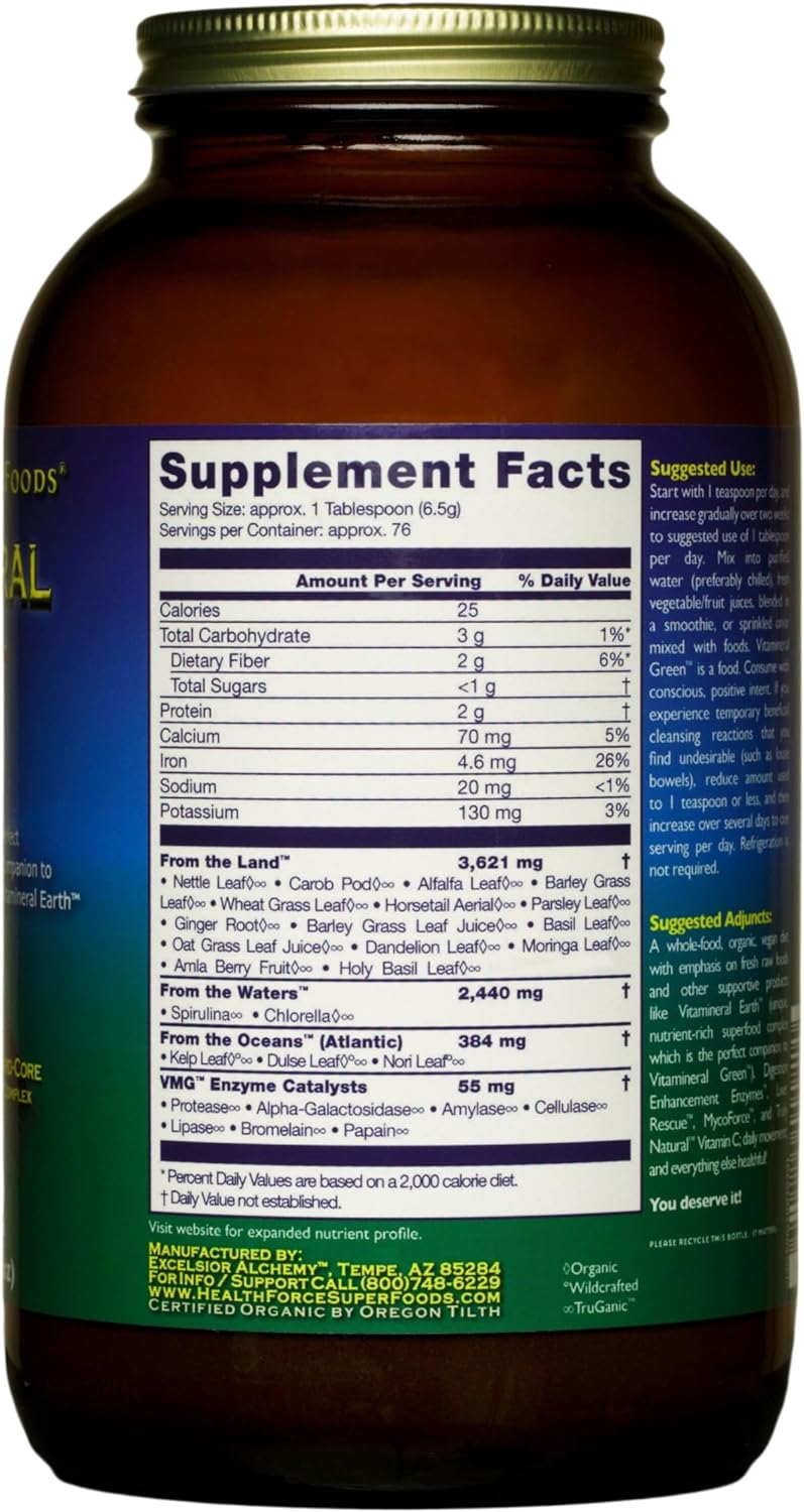 HEALTHFORCE SUPERFOODS Vitamineral Green - Mineral Supplement for Immune & Thyroid Support - Green Powder Supplement with Ingredients from The Land - Gluten-Free & Vegan - 500 Grams 17.64 Ounce (Pack of 1) Powder